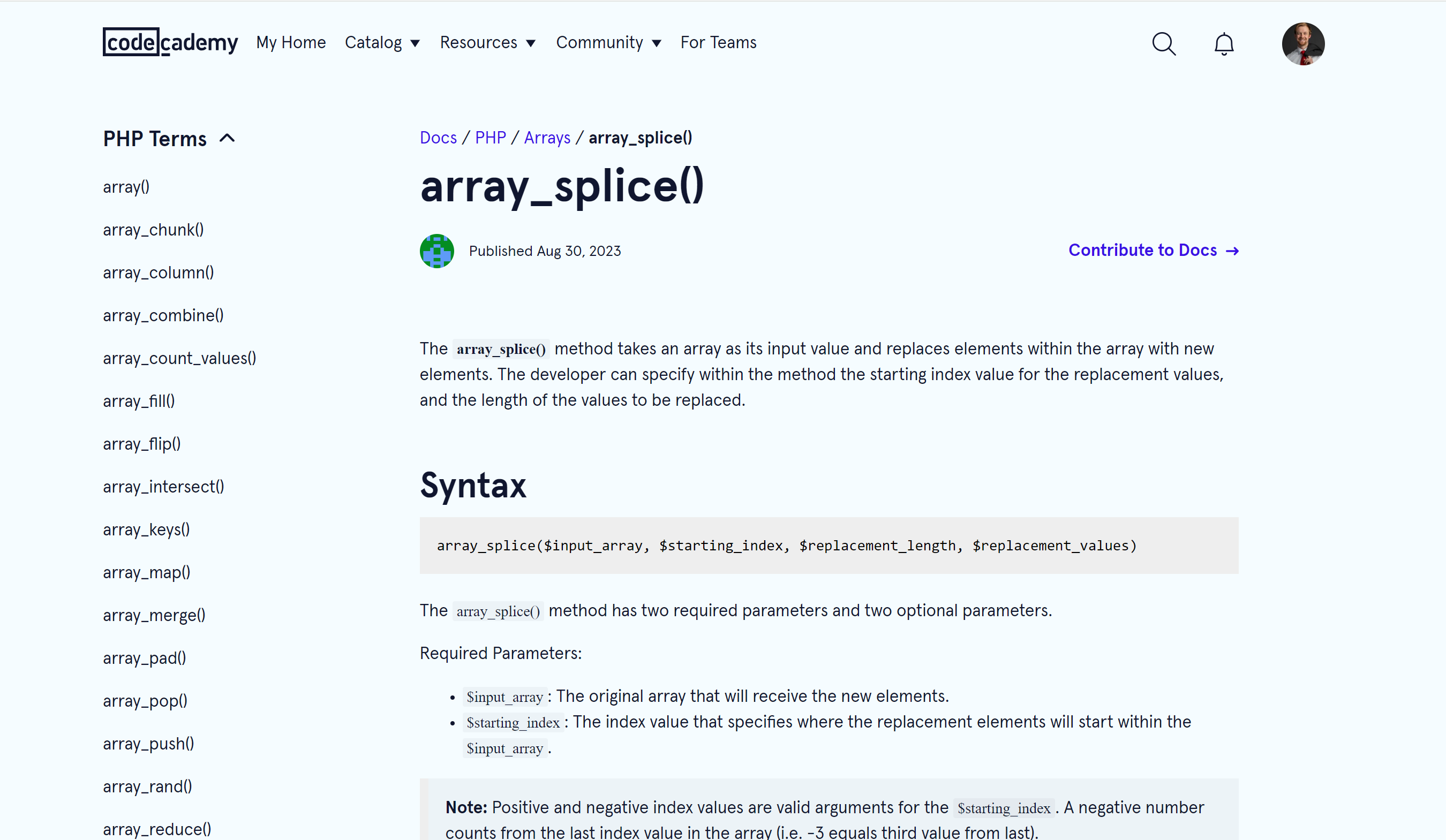 background image of project two - codecademy docs webpage for php array_splice method